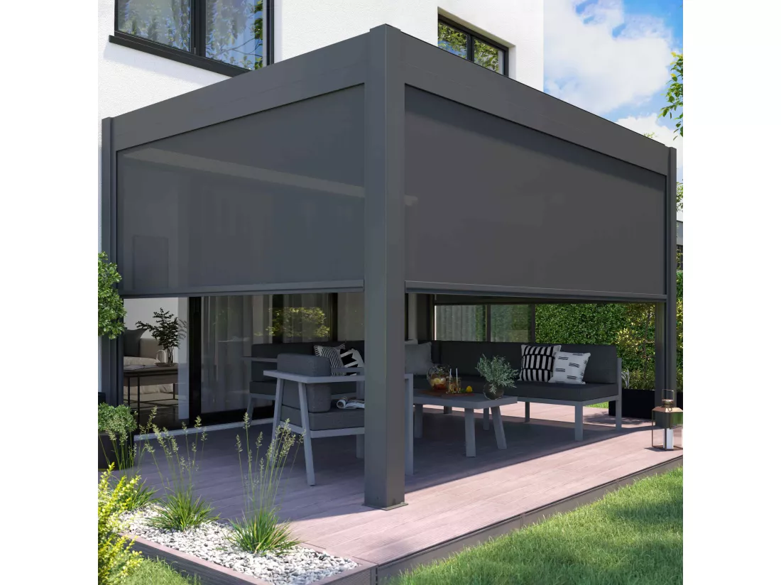 Pergola bioclimatique autoportée motorisée et éclairée 3x4m et 1 store