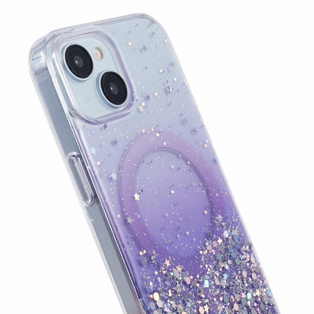 iPhone 13 MagSafe Hülle mit Acryl Rückseite und Farbverlauf im Glitzer Design - Lila