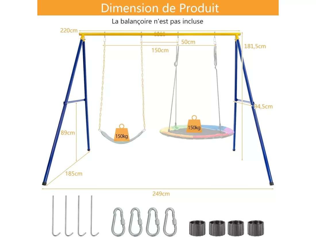 Portique de Balançoire pour Enfants en Forme de A Charge 300KG avec 2 Façons de Suspendre Piquets d'Ancrage 249x185x181,5cm
