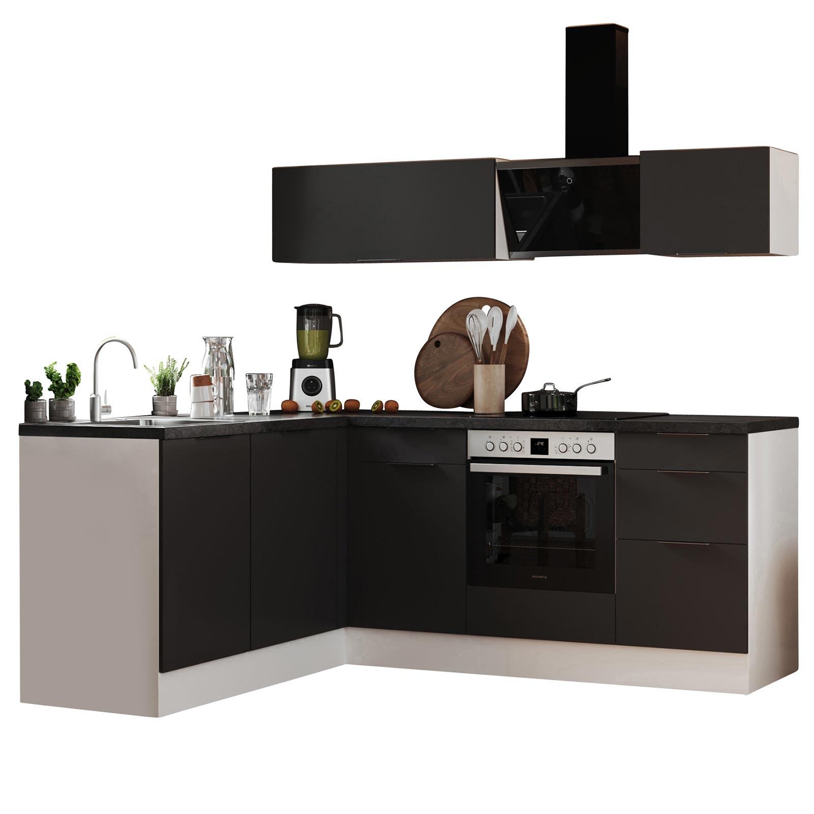 RESPEKTA Winkelküche - grau matt - weiß matt - mit E-Geräten - 220 cm