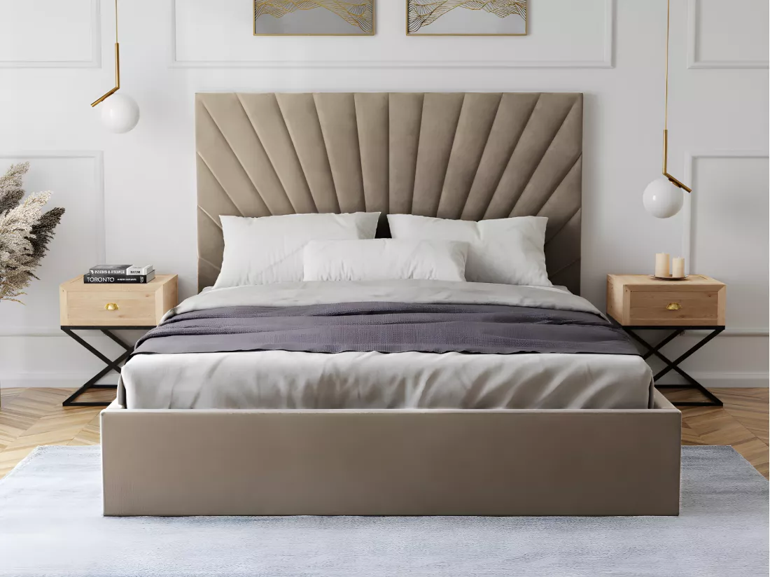 Lit coffre 140 x 190 cm - Velours - Taupe + Matelas - RILIODA de Pascal Morabito