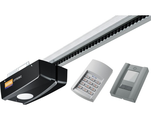 EcoStar Liftronic 800 Serie 2 garagedeuropener voor 13,75 m² deuroppervlak, inclusief 2 x 4-kanaals RSC4 handzenders, RCT3 radiocodeklavier en PB3 binnendrukknop.