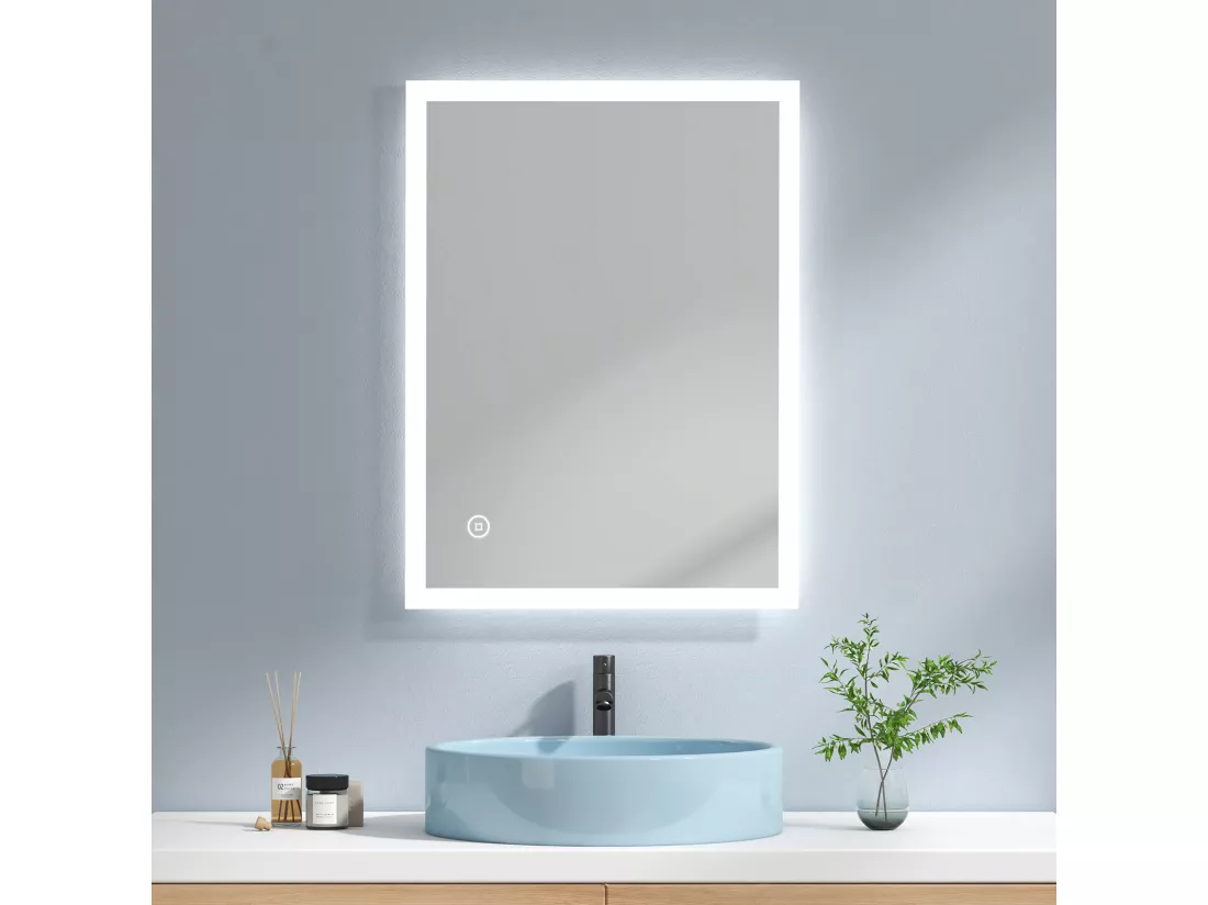 EMKE Miroir lumineux salle de bain 80x60cm Miroir avec éclairage, Interrupteur tactile, Anti-buée, Miroir LED avec Lumière Blanche Froide