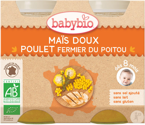 Babybio Maïs Doux Et Poulet Fermier De France Dès 8 Mois Pots 2x200g (51052)