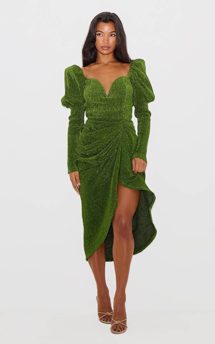 Vert Robe Midi Drapée À Paillettes Plissées Avec Manches Bouffantes Et Encolure En V