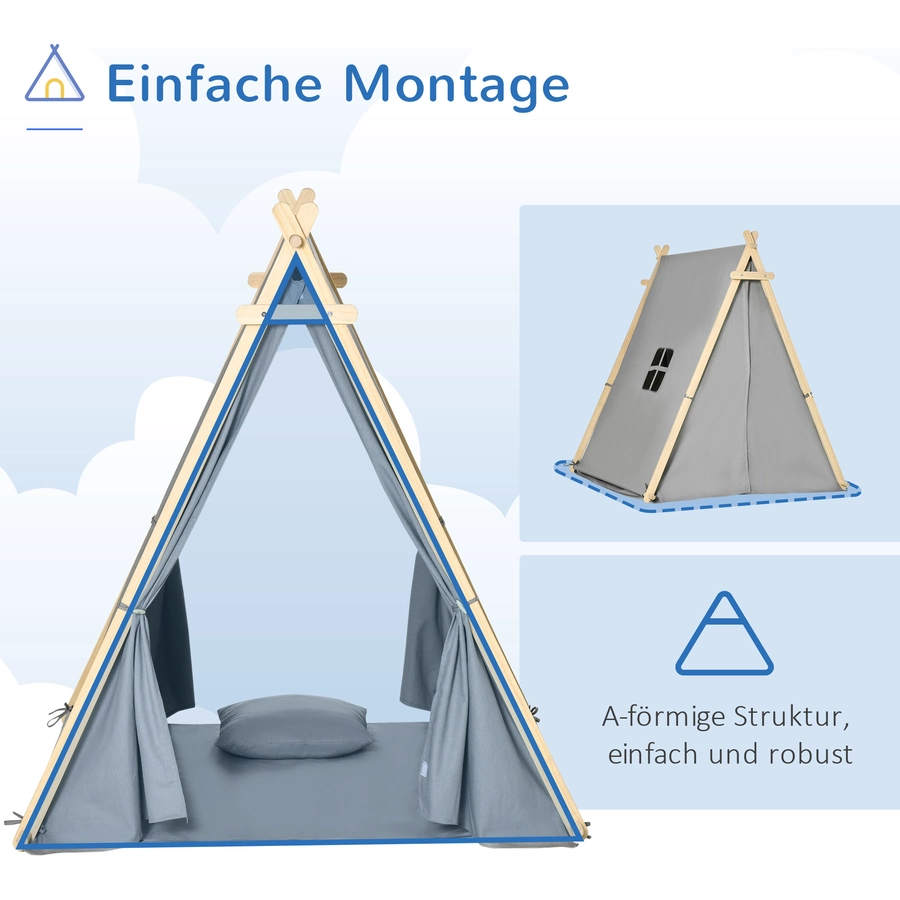 HOMCOM Kinder Tipi Zelt mit Kissen, Bodenmatte und Aufbewahrungstasche grau