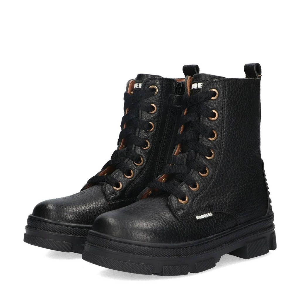 Braqeez Giselle Gripchunky leren veterboots zwart