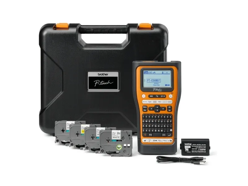 Brother P-Touch PT-E560BTSP - Etikettemaskine - S/H - termo transfer - Rulle (2,4 cm) - 180 dpi - op til 30 mm/sek. - USB 3.0, Bluetooth 5.0 - skærer - spejltryk, Full & Half Cut Function, printforhåndsvisning - sort og orange