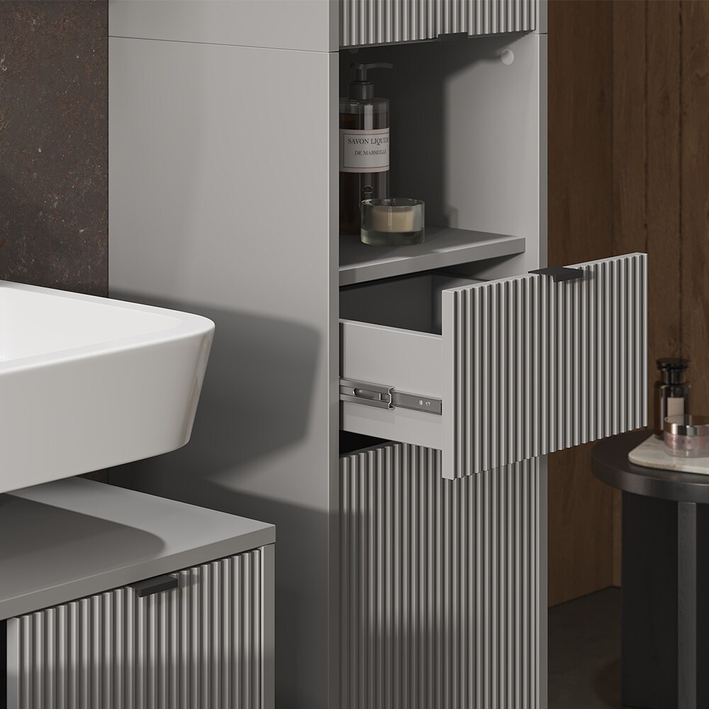 Vicco Hochschrank Eliza 40 x 190 cm, Grau, Badezimmer, modernes Design, mit Türen