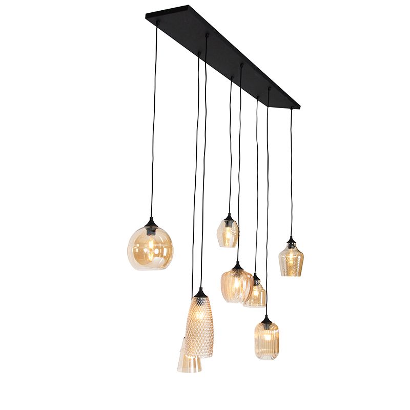 Art deco hanglamp zwart met amber glas 8-lichts - Hanne
