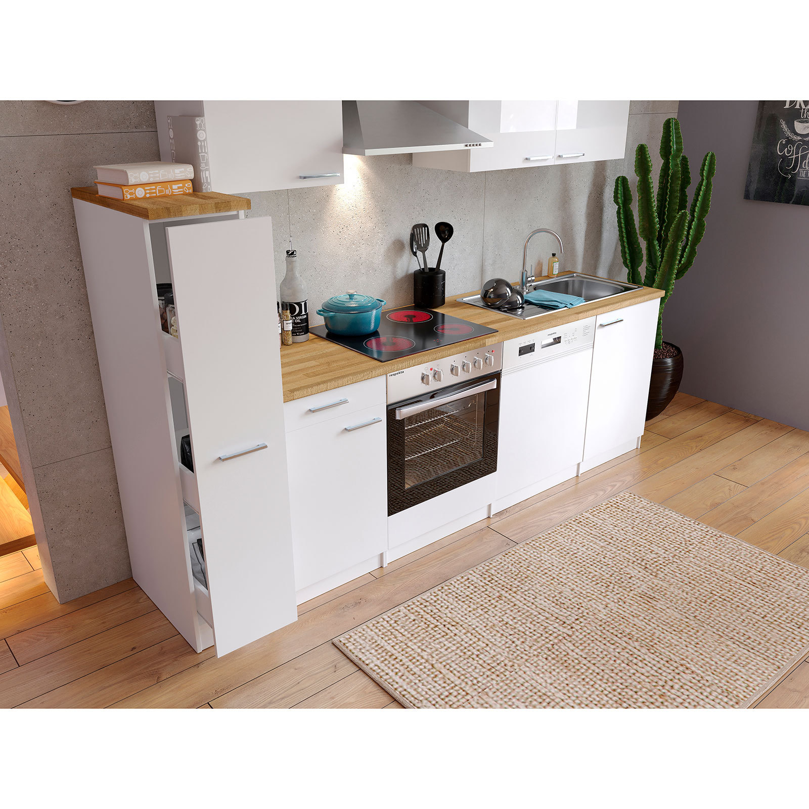 RESPEKTA Küchenblock - weiß - mit E-Geräten - 250 cm