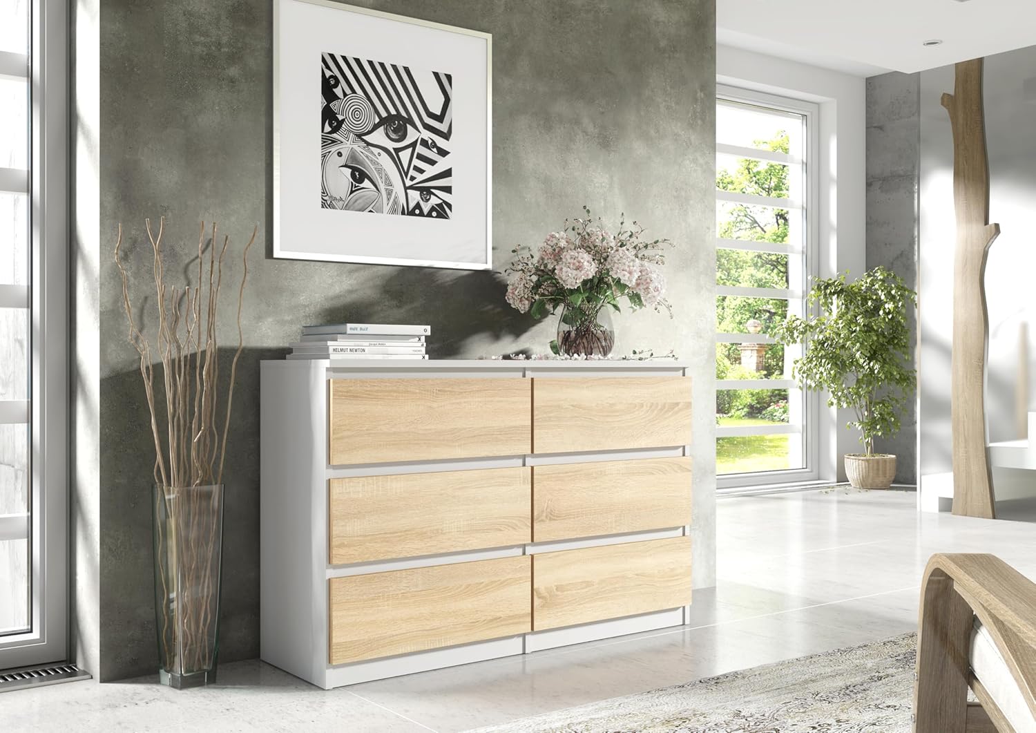 meble masztalerz Kommode Matt mit 6 Schubladen 140 cm, Sideboard Wohnzimmer, Kommode Schlafzimmer H: 78,5cm, B: 138,6 cm, T: 39 cm mit Schubladen, Schubladenschrank (Weiß Sonoma)