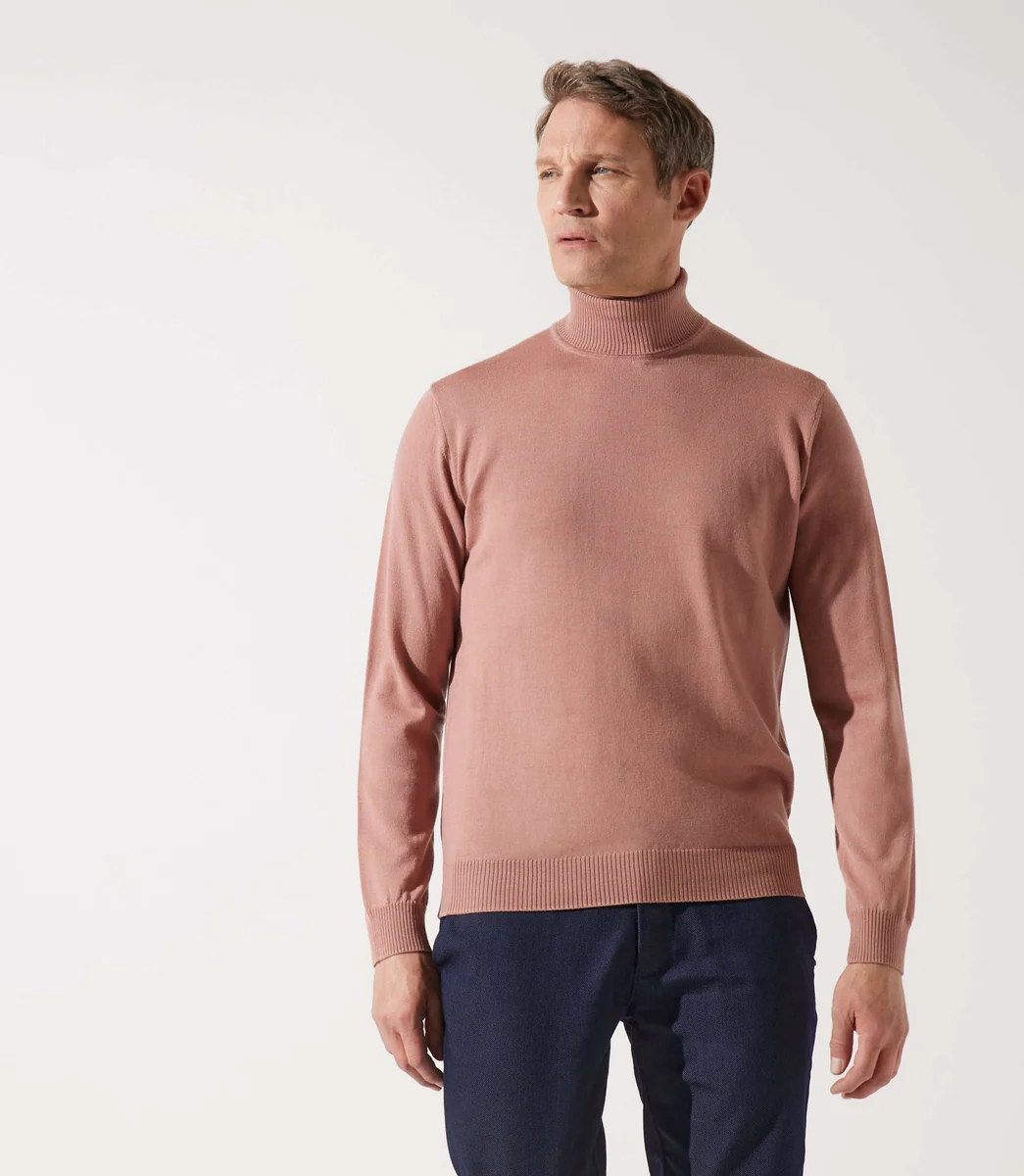 Pull col roulé rose 100% mérinos