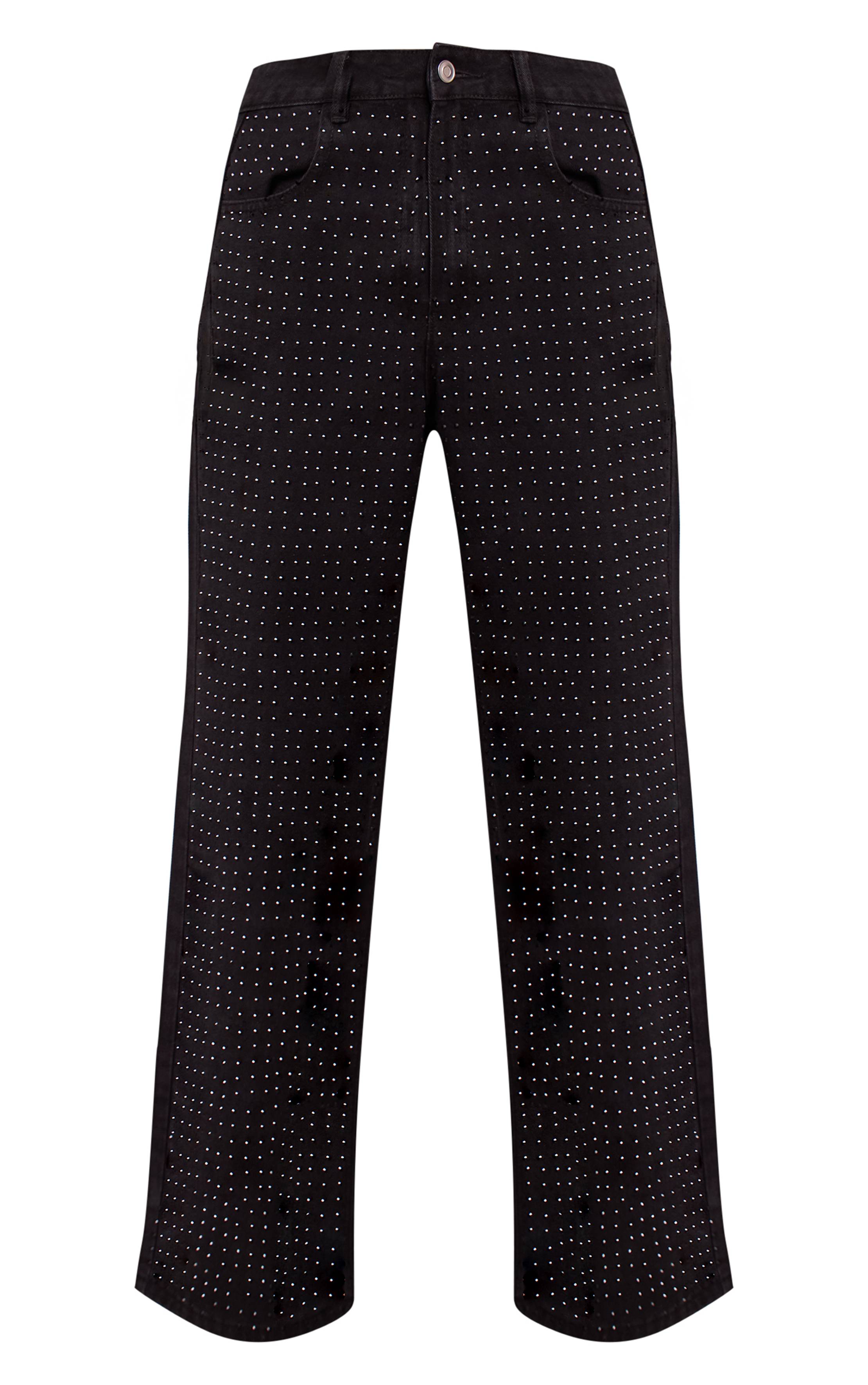 Noir Jean Droit Taille Haute En Denim Avec Strass Thermocollants