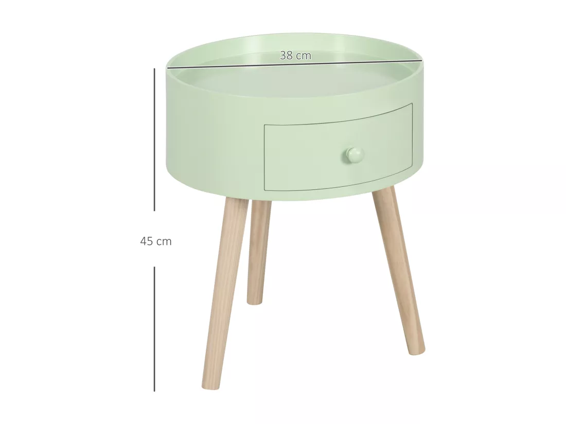 Chevet table de nuit ronde design scandinave tiroir bicolore pieds effilés inclinés bois massif chêne clair vert