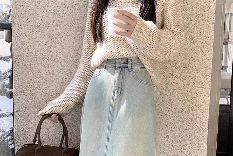 KONGER - Hoge taille gewassen gerafelde maxi A-lijn denim rok