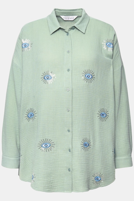 Bluse, oversized, Musselin, Augen-Stickerei, Langarm