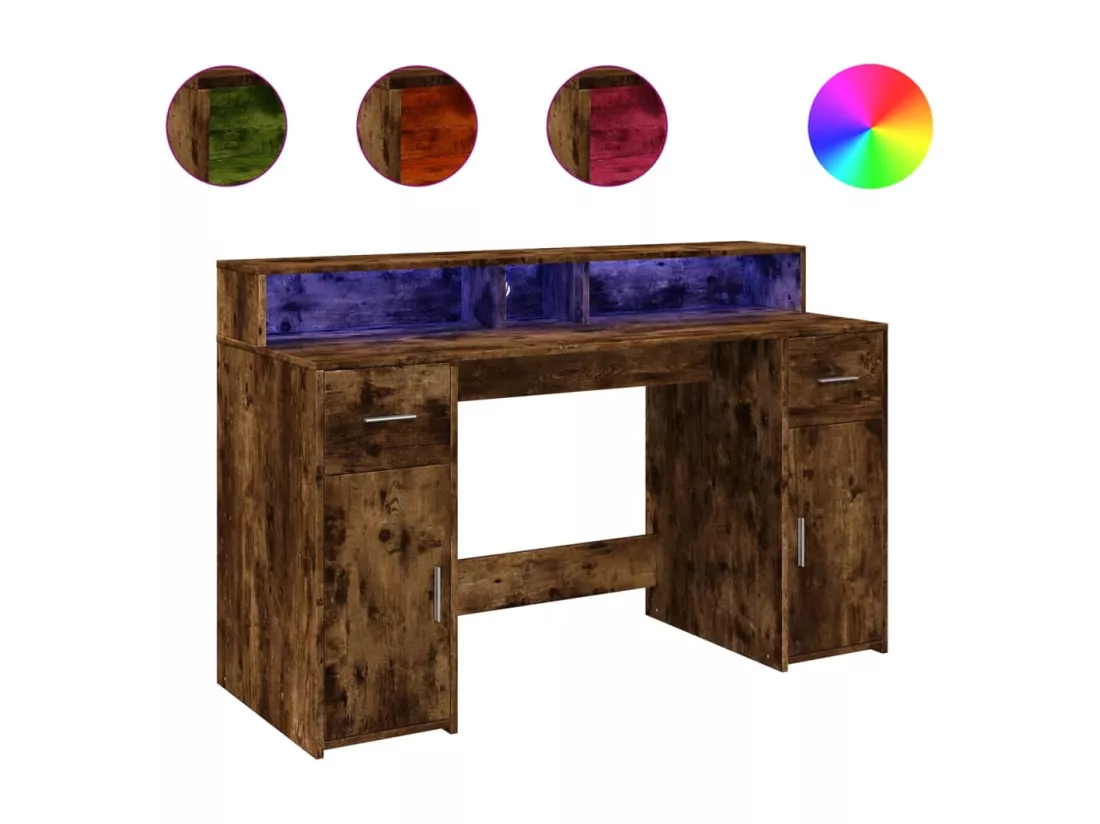 Bureau et lumières LED chêne fumé 140x55x91cm bois d'ingénierie