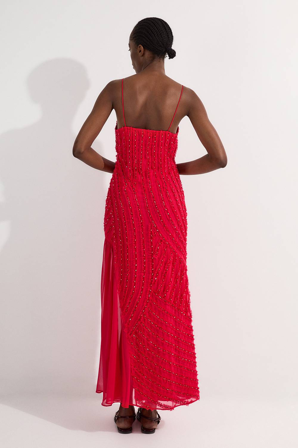KarenMillen Robe Longue Tissée à Bretelles avec Volants et Ornements