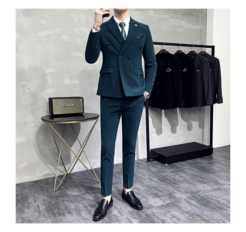 Deepwood - Set: effen dubbelrijs blazer met piekrevers + taps toelopende pantalon met middelhoge taille