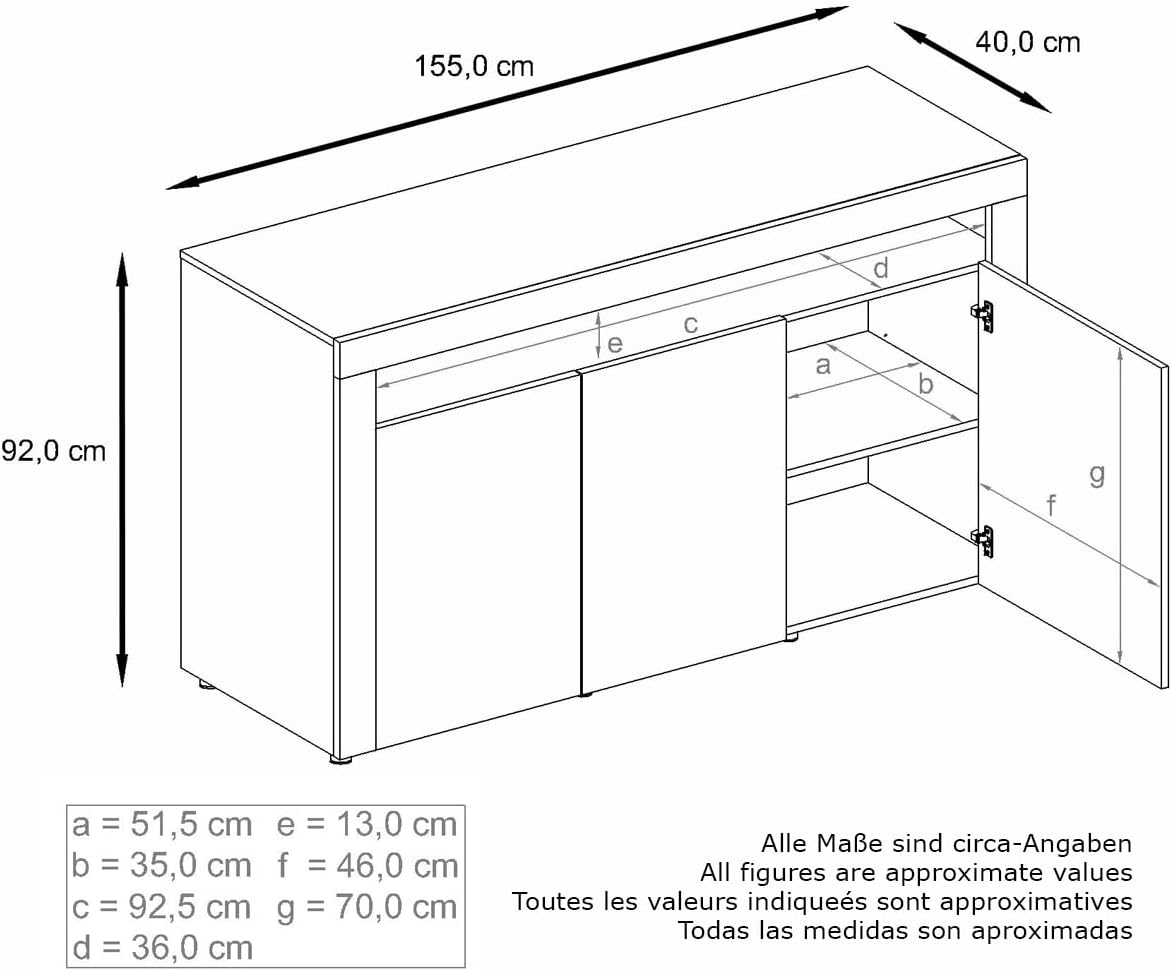 Vladon Sideboard Valencia, Made in Germany, Kommode mit 3 Türen und 1 offenem Fach, Weiß matt/Weiß Hochglanz (155 x 92 x 40 cm)