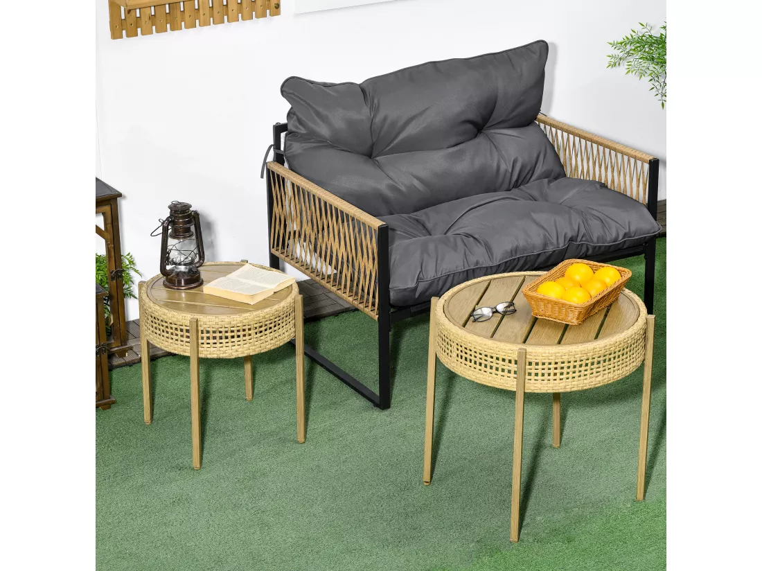 Lot de 2 tables gigognes de jardin style bohème chic PE aspect rotin métal effet bois