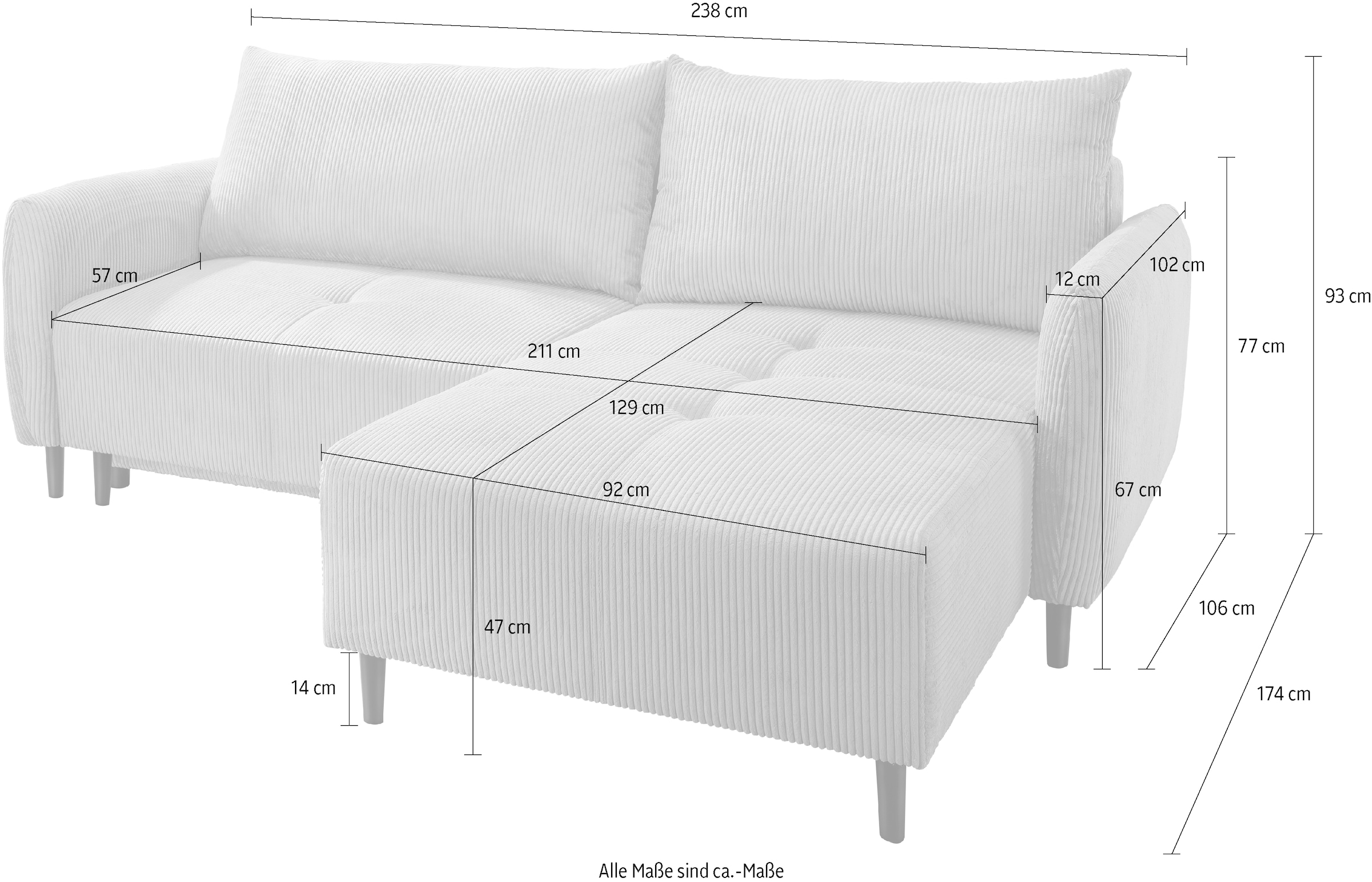 INOSIGN Ecksofa »Mara, L-Form, aktueller Cord Bezug und tolle Farben, schmale Armlehnen« whlw. mit Bettfunktion,Recamiere links/rechts montierbar, Breite 238cm
