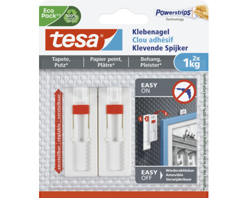 tesa lijmspijker voor behang & pleisterwerk, verstelbaar, wit, draagvermogen 1 kg, 2 stuks.