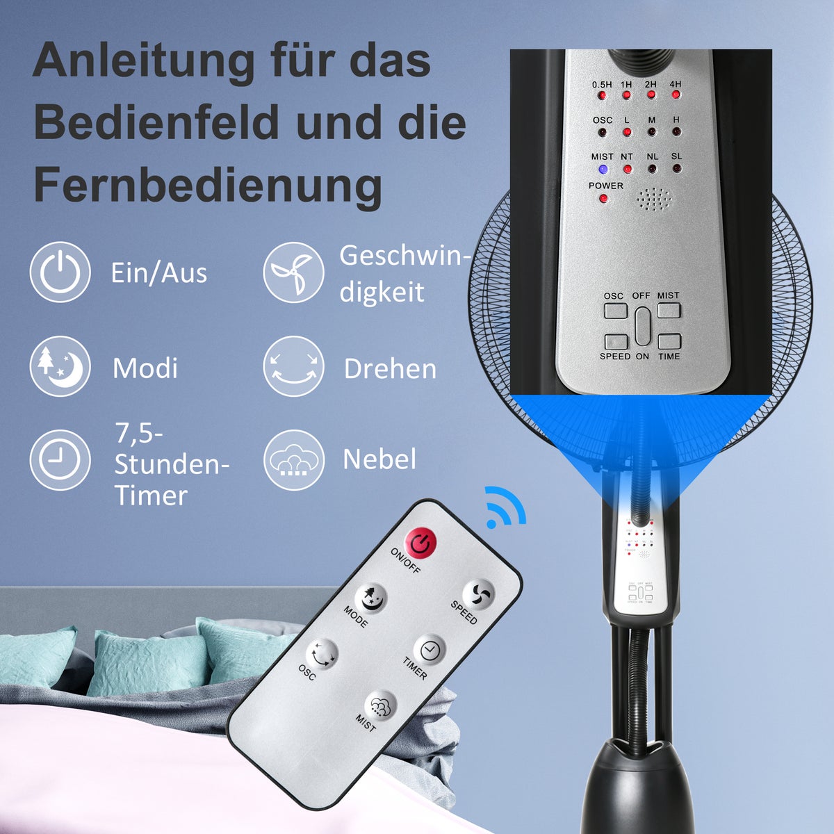 HOMCOM Staande ventilator met 2,8 liter waterkoeling, 90 W ventilator met timerfunctie, 3 standen met nevelfunctie, verstelbare kantelhoek, metaal, zwart, 44,5 cm x 44,5 cm x 120 cm