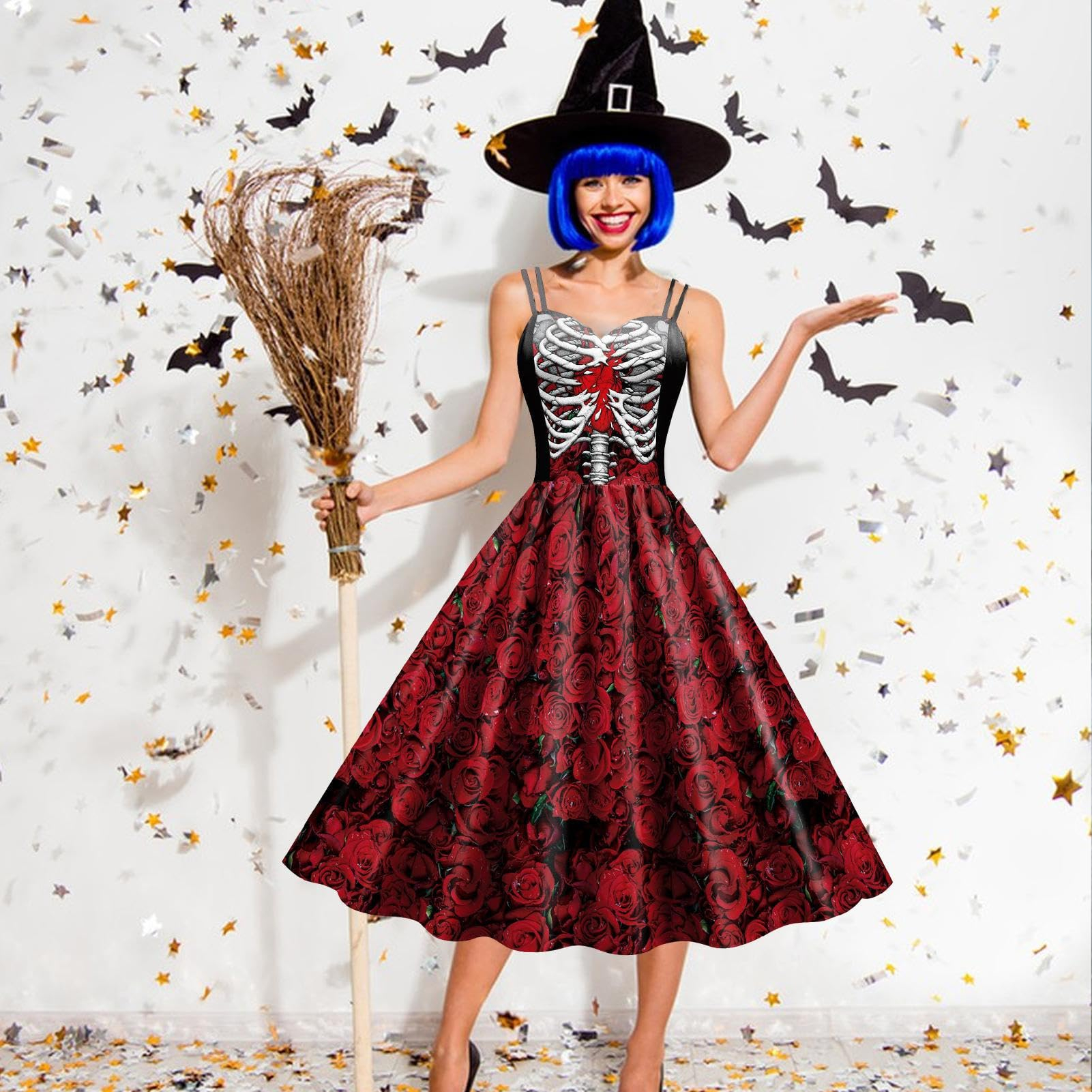 (175cm) Halloween Erwachsenen Kostüm Hexen Skelett Rosen Kleid Verkleidung für Motto Partys / Fasnacht - Schwarz / Rot