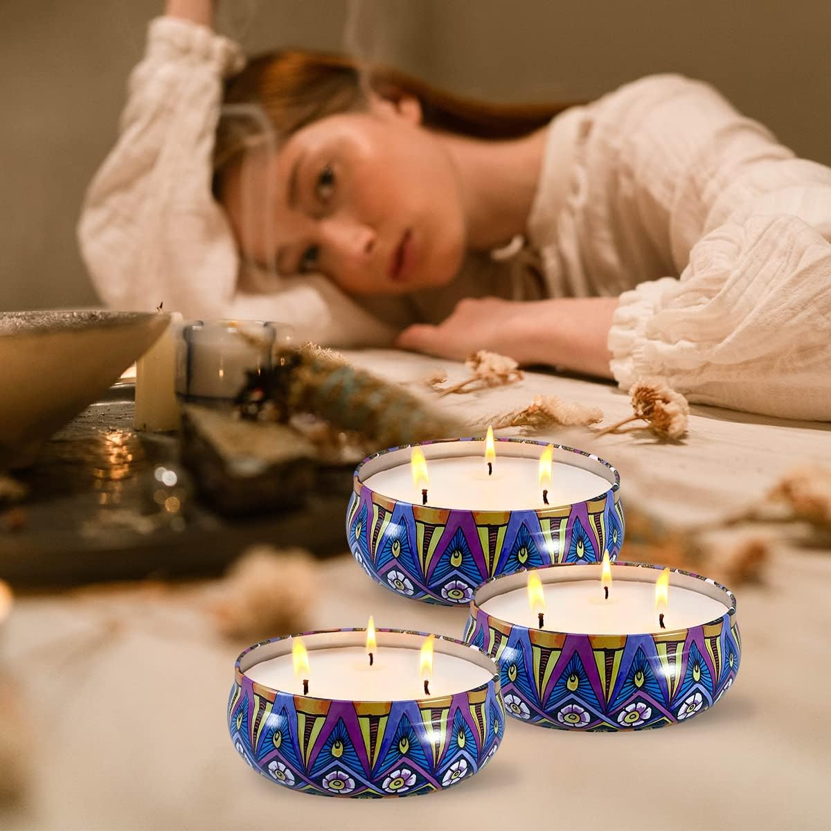 (Ø13cm) 3 Docht Duft Kerze Aromatherapie Sojawachs Kerze im Mandala Design - Zitrone