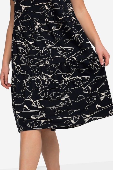 Jerseykleid, A-Line, Fische-Print, Rundhals, Volants, Halbarm