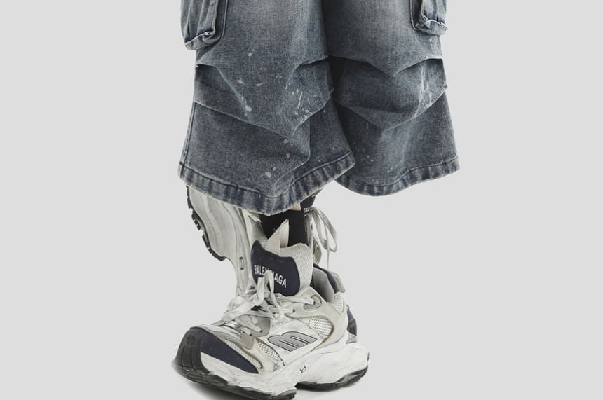 INStudio - Mid Rise Washed Ruched Capri Cargo Jeans met Wijde Pijpen