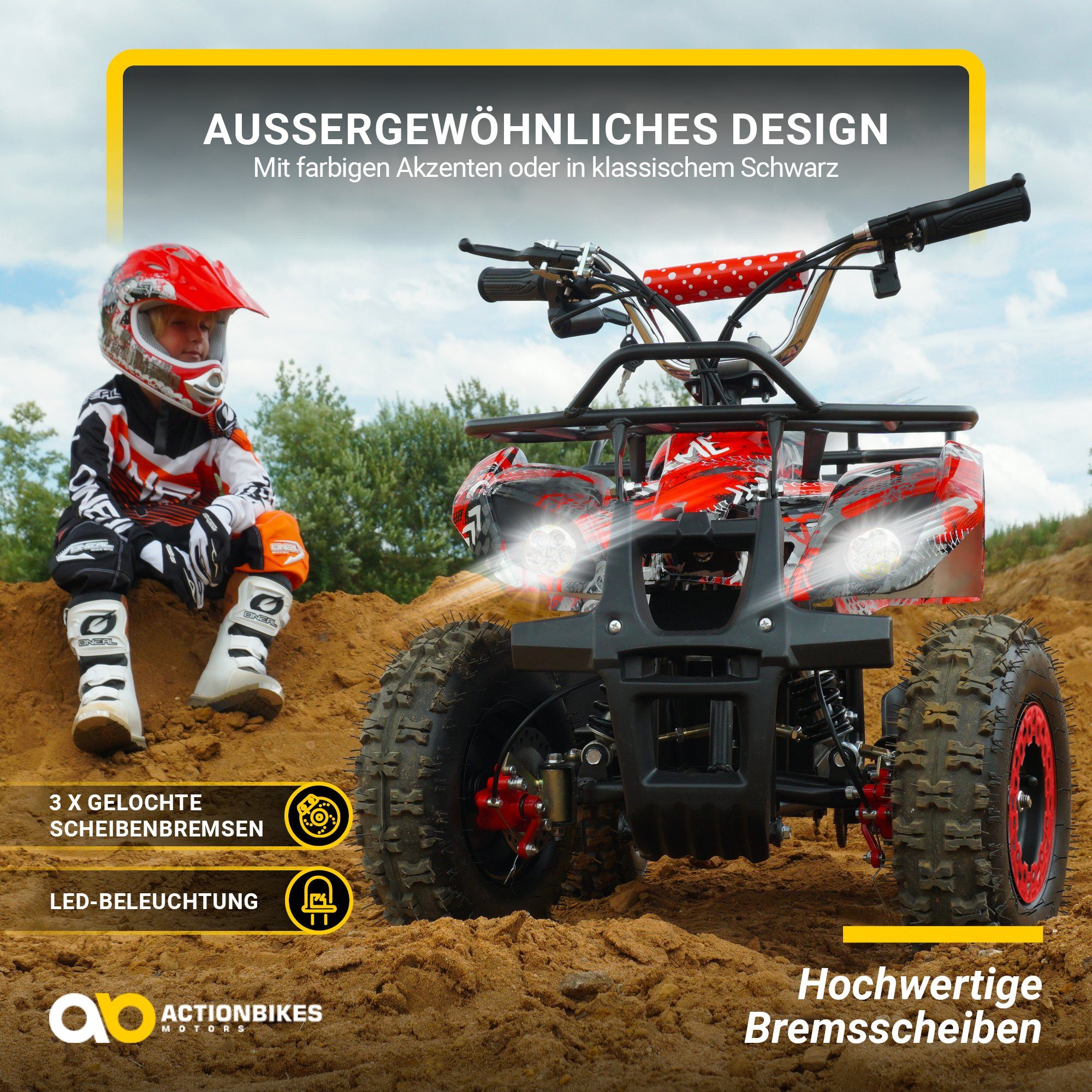 Quadriciclo elétrico infantil Actionbikes Motors Torino ATV 1000 W 36 V, capacidade de carga 50 kg (1 unidade), quadriciclo de bolso - toque de segurança - freio a disco perfurado - até 25 km/h