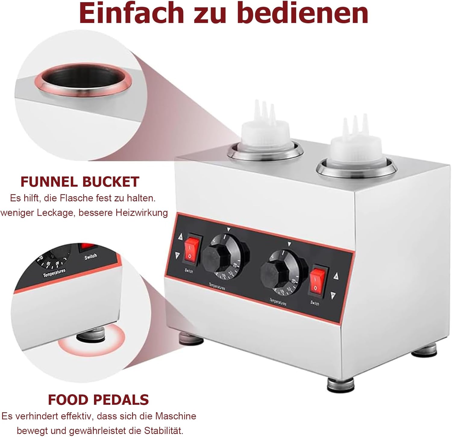 Kommerzieller Elektrischer Soßenwärmer mit mit 2*650-ml-Quetschflasche, kommerzieller elektrischer Käsesoßenspender, temperaturgesteuert, zum Erwärmen von Schokolade, Butter und Marmelade (30 - 85 °C)