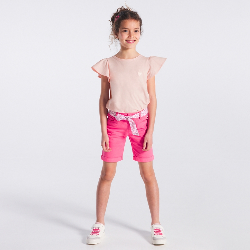 T-shirt à manches courtes volantées rose fille