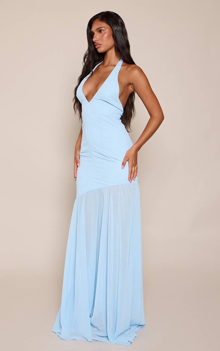 Bleu Vif Robe Longue En Mousseline À Taille Basse Et Col Licou