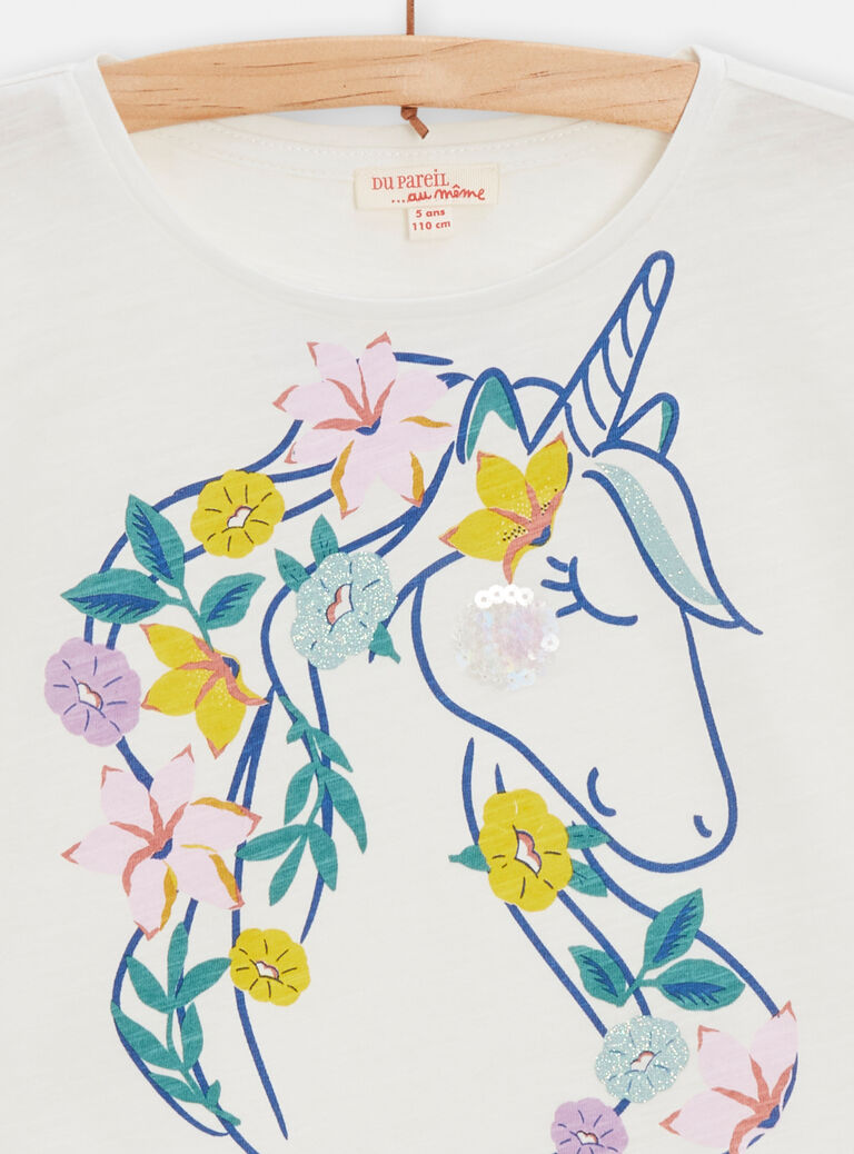 T-shirt écru animation licorne avec fleurs pour fille