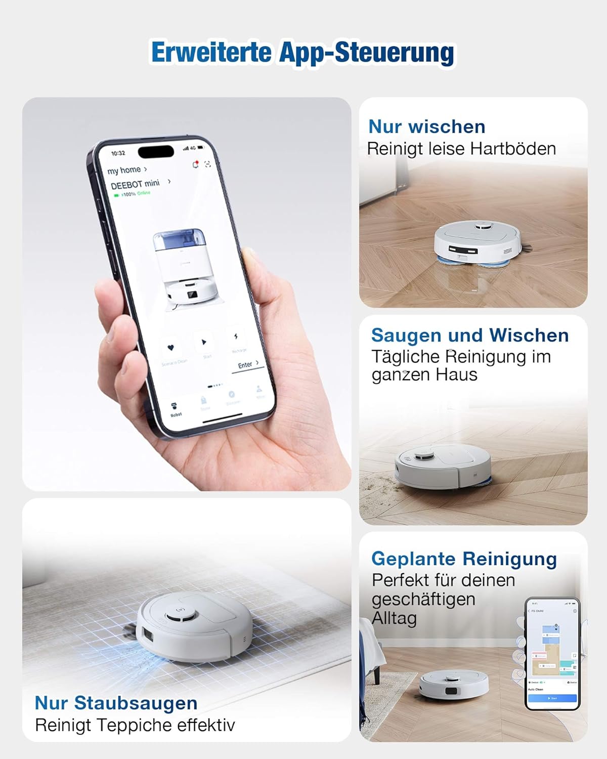 ECOVACS DEEBOT MINI Saugroboter mit Wischfunktion, 9.000 Pa Saugkraft, ZeroTangle 2.0, TrueMapping 2.0, 45 ℃ Heißlufttrocknung, intelligente Tiefenreinigung, Selbstreinigung per Knopfdruck, Blau
