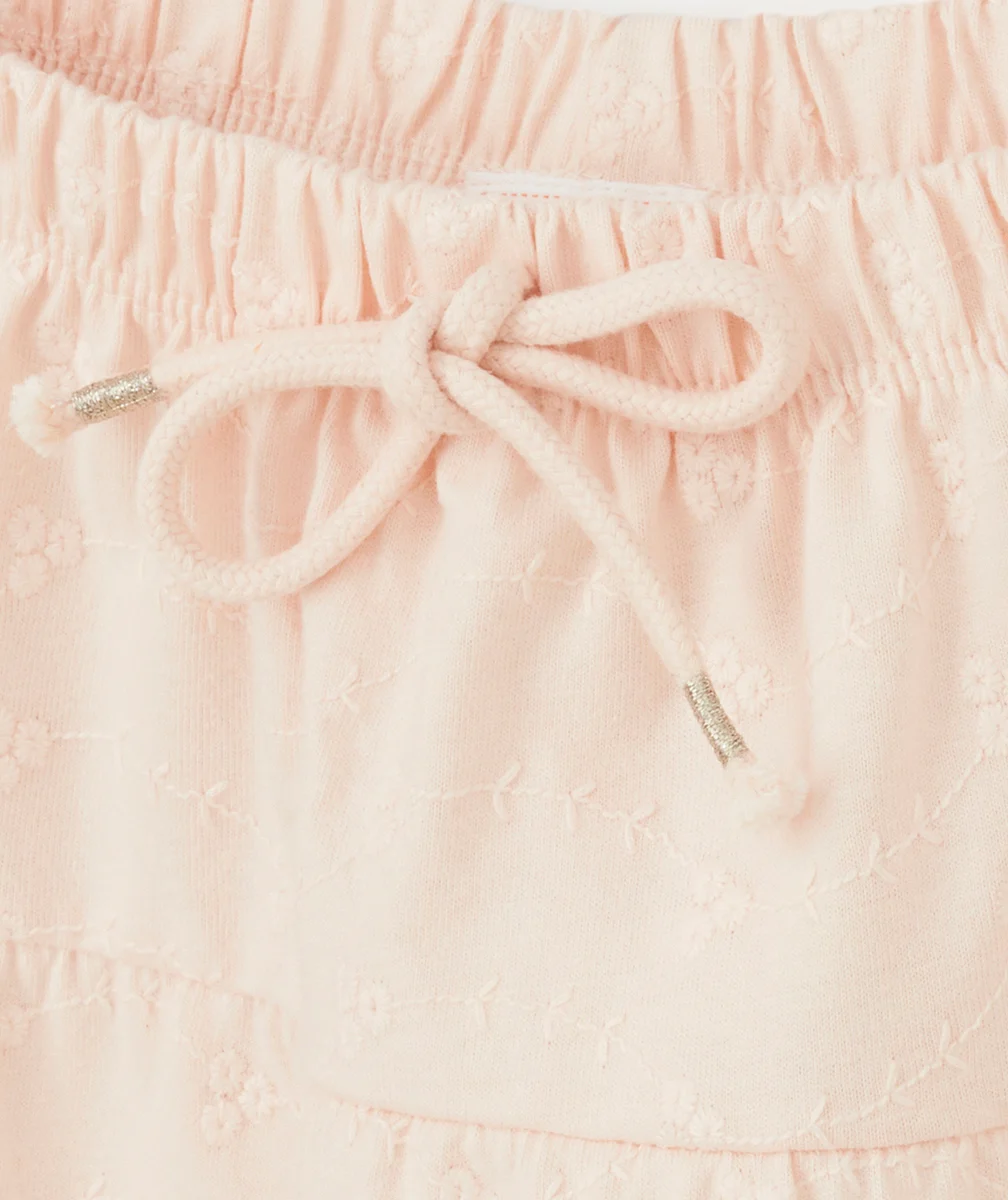 JUPE FILLE EN COTON ROSE PÂLE AVEC BRODERIES ET VOLANTS