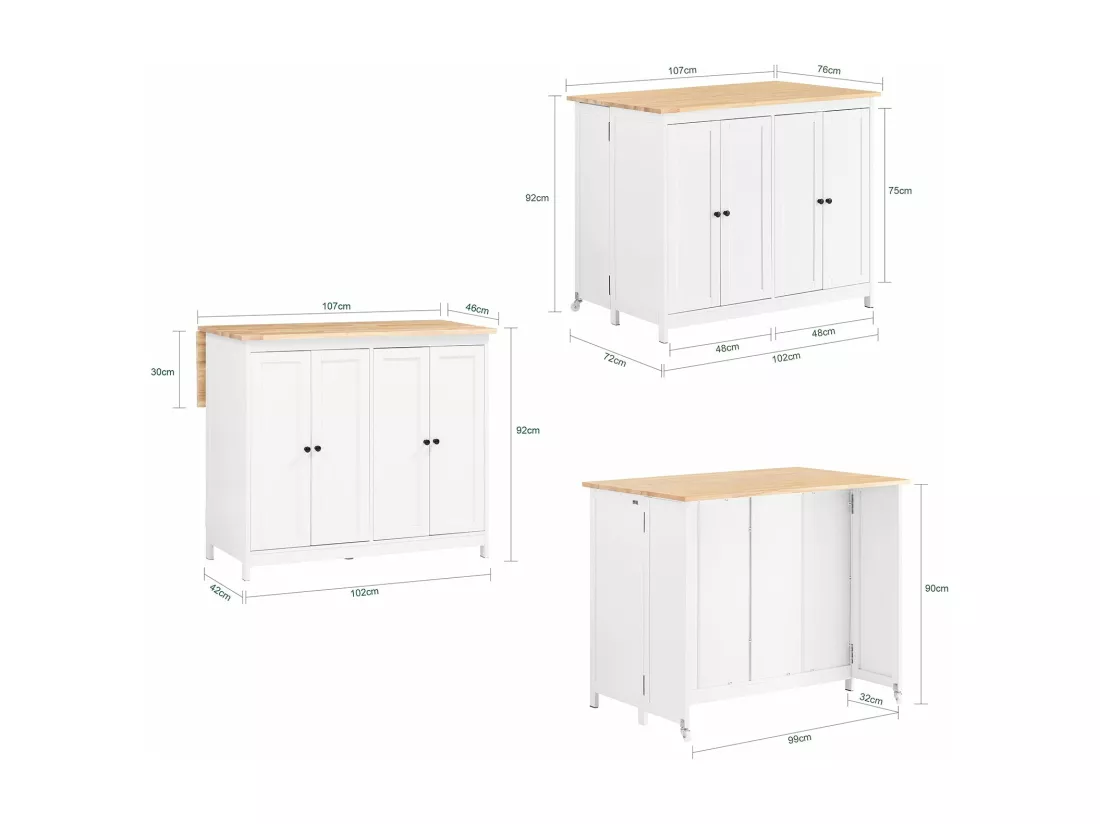 SoBuy îlot Central de Cuisine Buffet de Rangement Mange-Debout Placard de Cuisine avec Plans de Travail Rabattable 2 armoires 4 Portes, 102x72x92 cm, Blanc KNL10-WN