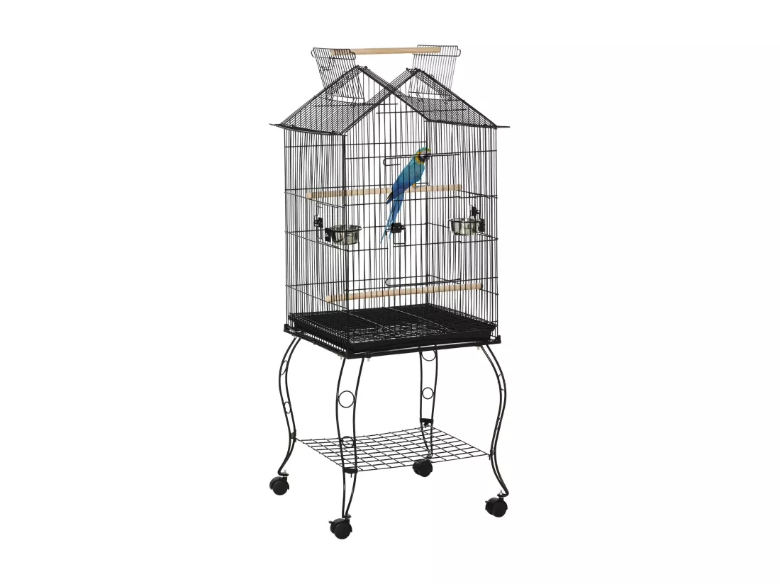 Cage à oiseaux sur pied volière avec 2 mangeoires perchoirs plateau amovible poignée et roulettes - 50 x 58 x 137-145 cm noir