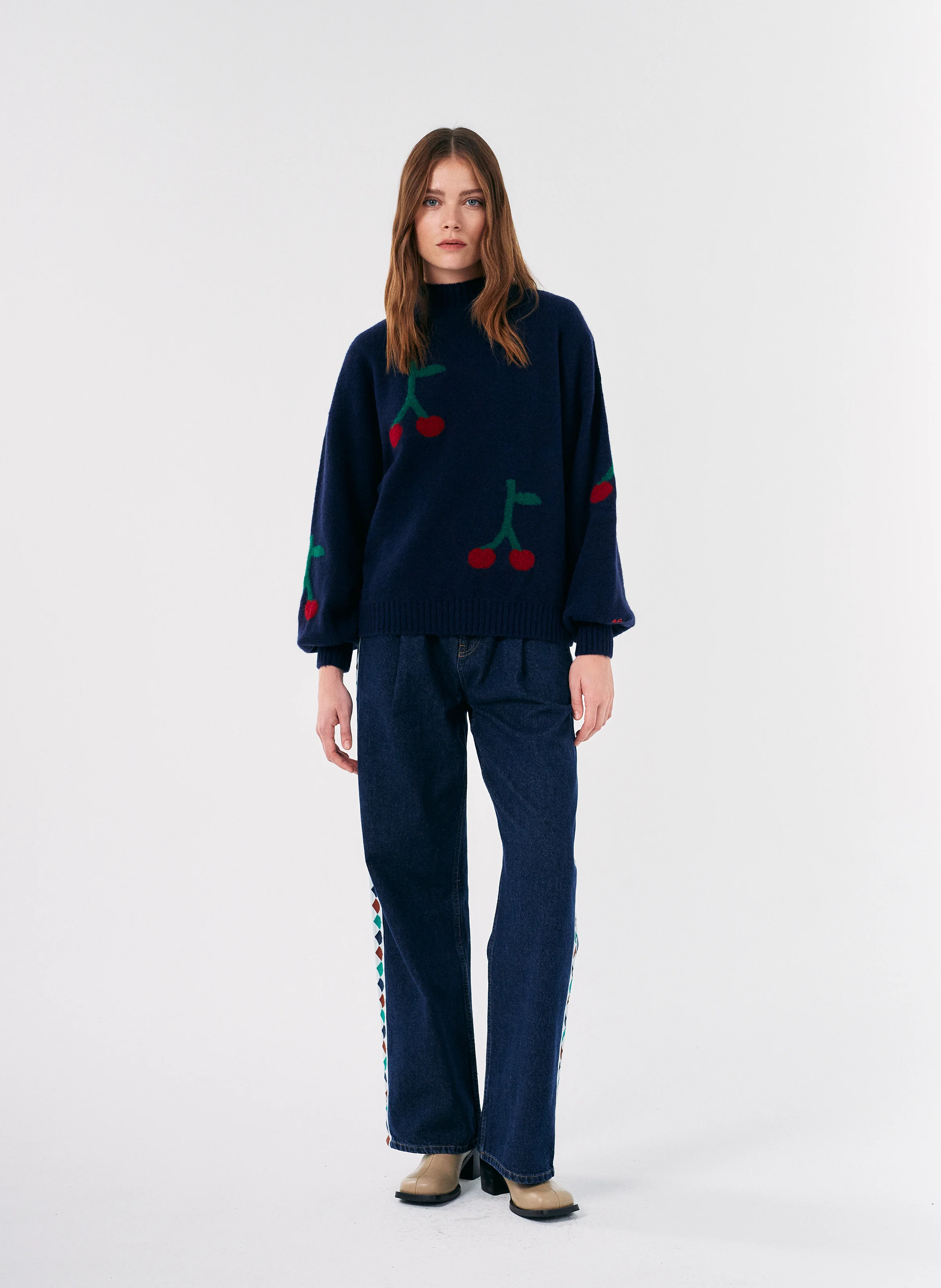 Pull col rond jacquard en laine mélangée | Bleu