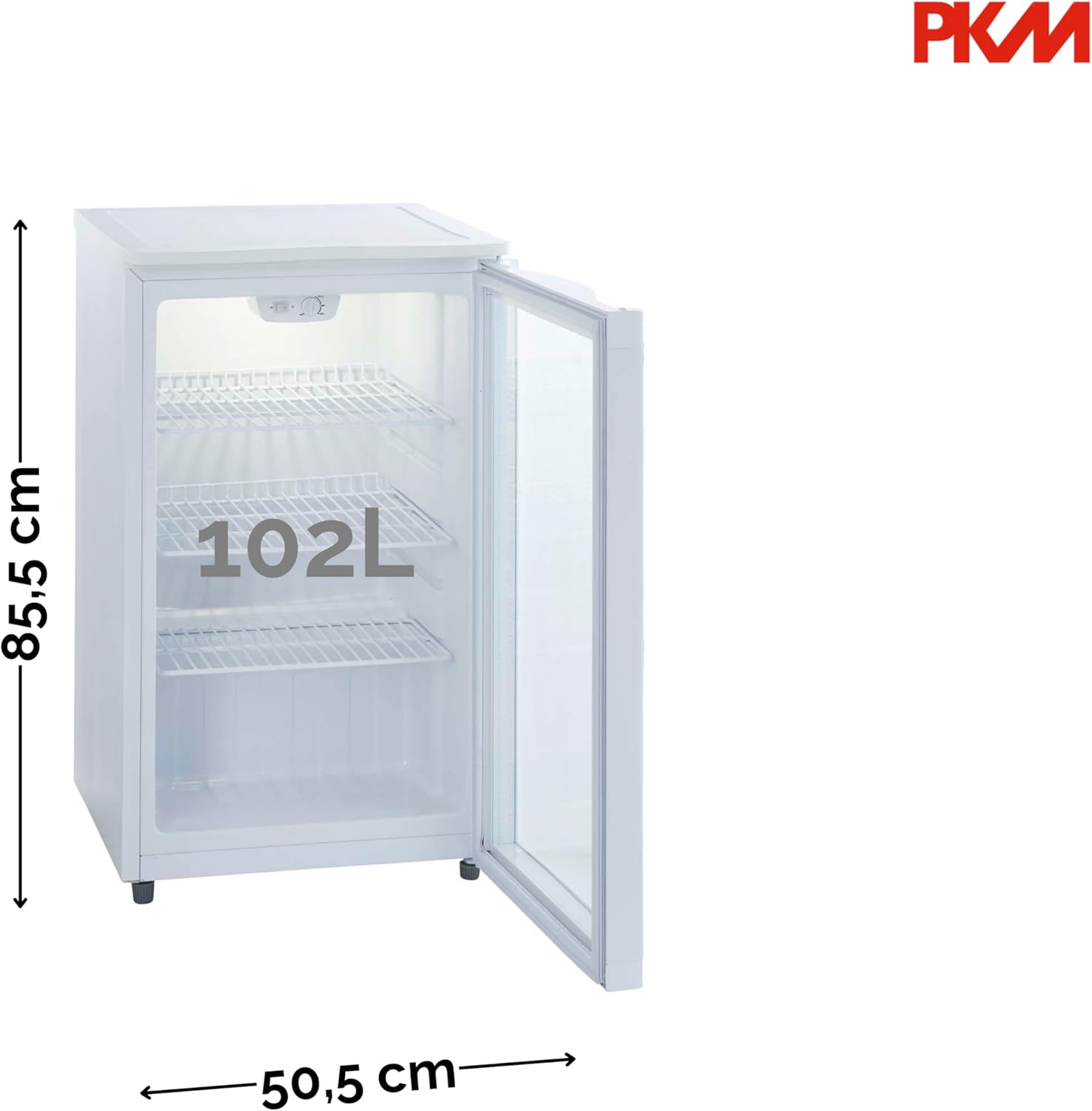 PKM GKS102 Glastür-Kühlschrank | Getränkekühlschrank | Flaschenkühlschrank | 102 Liter | 85 cm hoch | Wechselbarer Türanschlag | Höhenverstellbare Füße | 42 dB
