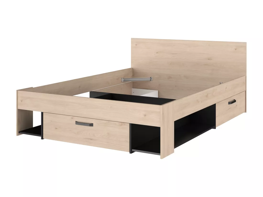 Lit 140 x 190/200 cm avec rangements - Coloris : Naturel et noir + Sommier - KINSELIA
