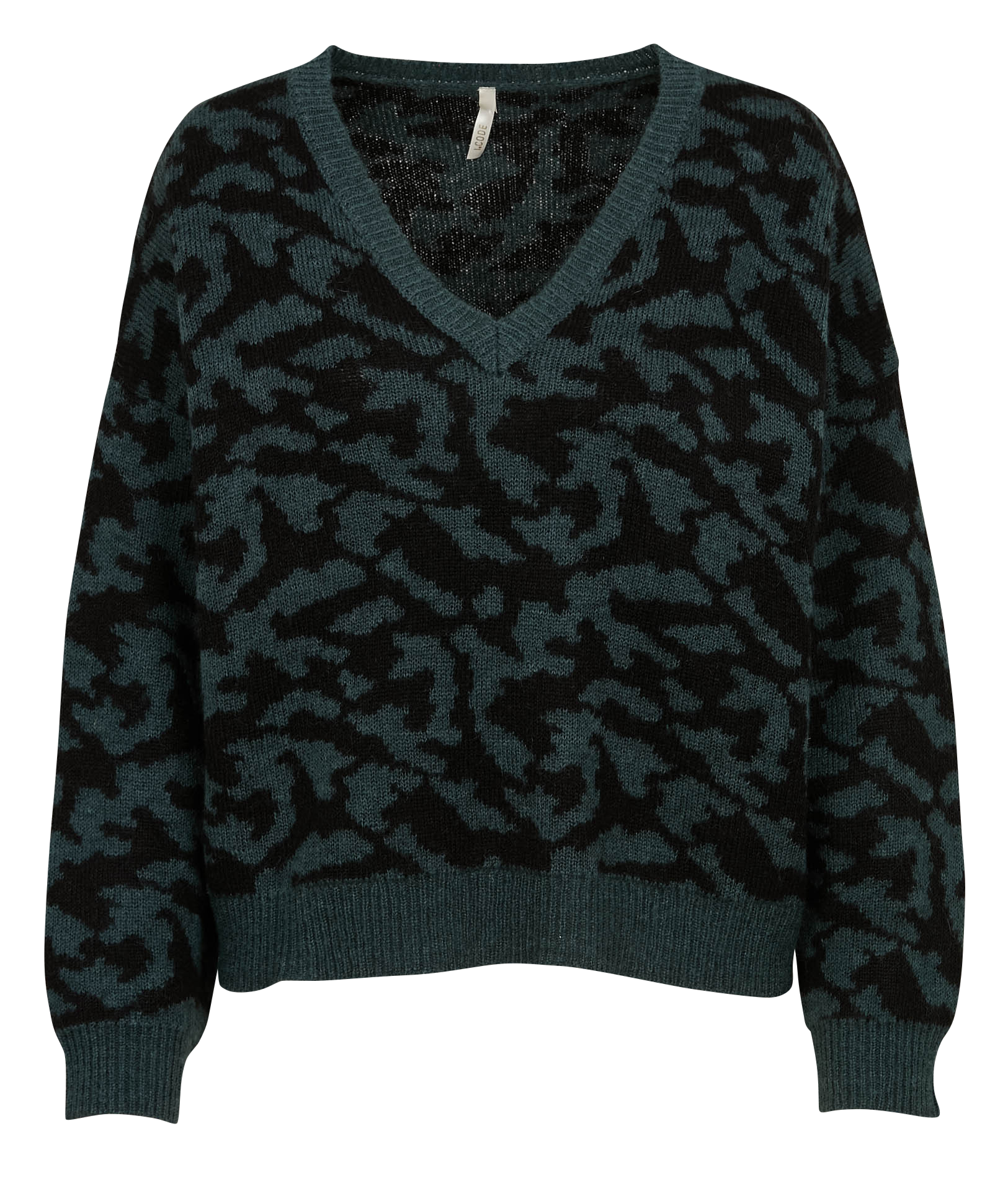 Pull ample col V jacquard en maille mélangée| Vert