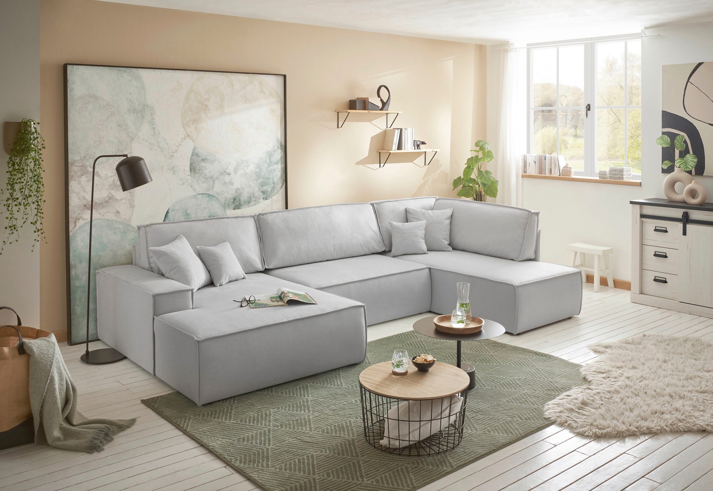 GOODproduct Wohnlandschaft »FINNLEY, U-Form XXL 329 cm, Schlafsofa, Schlaffunktion m. Bettkasten« verfügbar in den Stoffqualitäten Bouclé, Struktur fein und Mega Cord