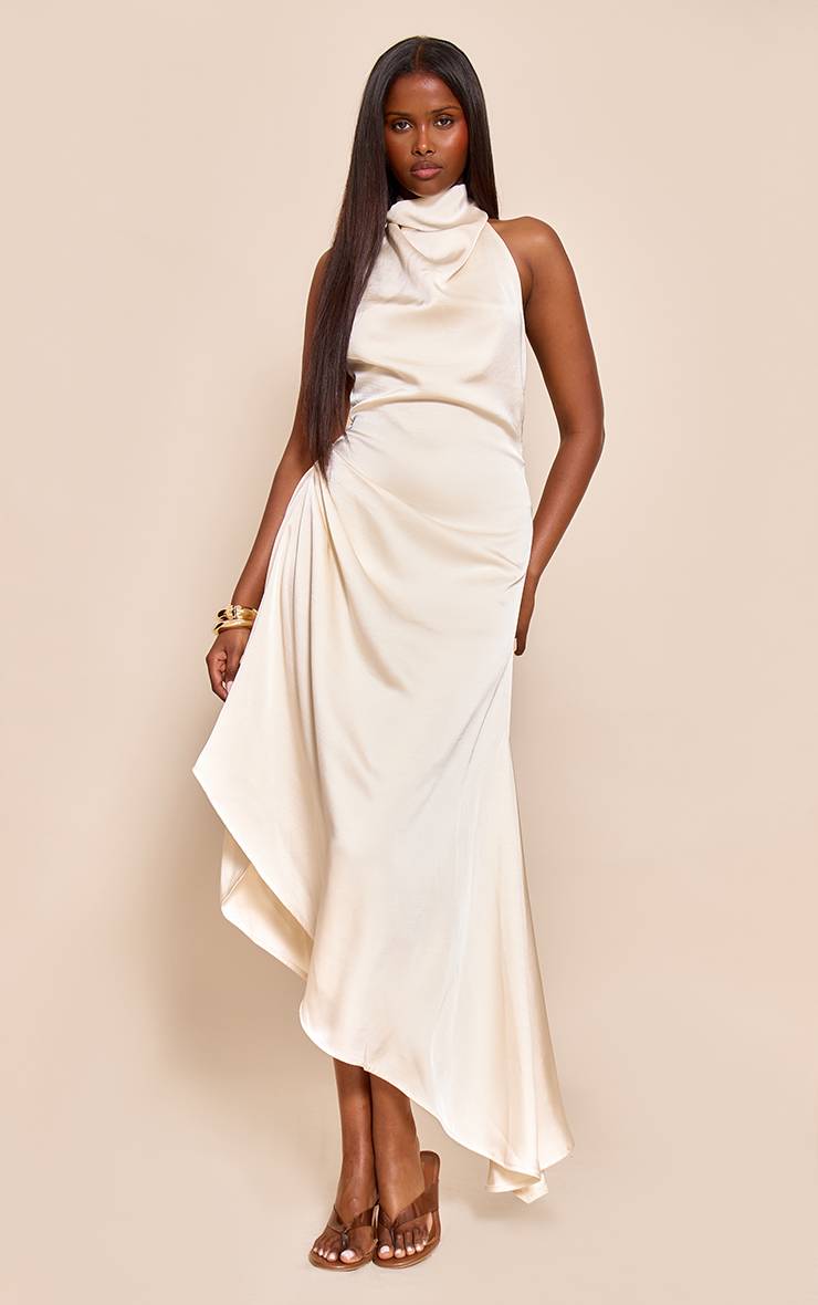 Crème Robe Droite Asymétrique En Satin À Col Bénitier