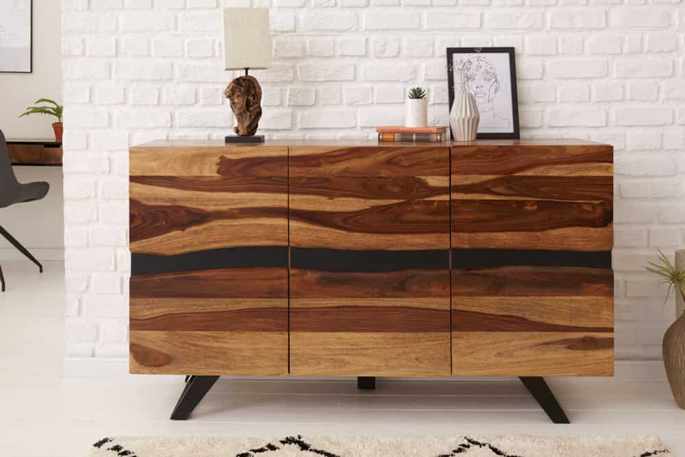 Massivholz Sideboard AMAZONAS 150cm braun Sheesham Baumkante schwarzes Metallgestell
