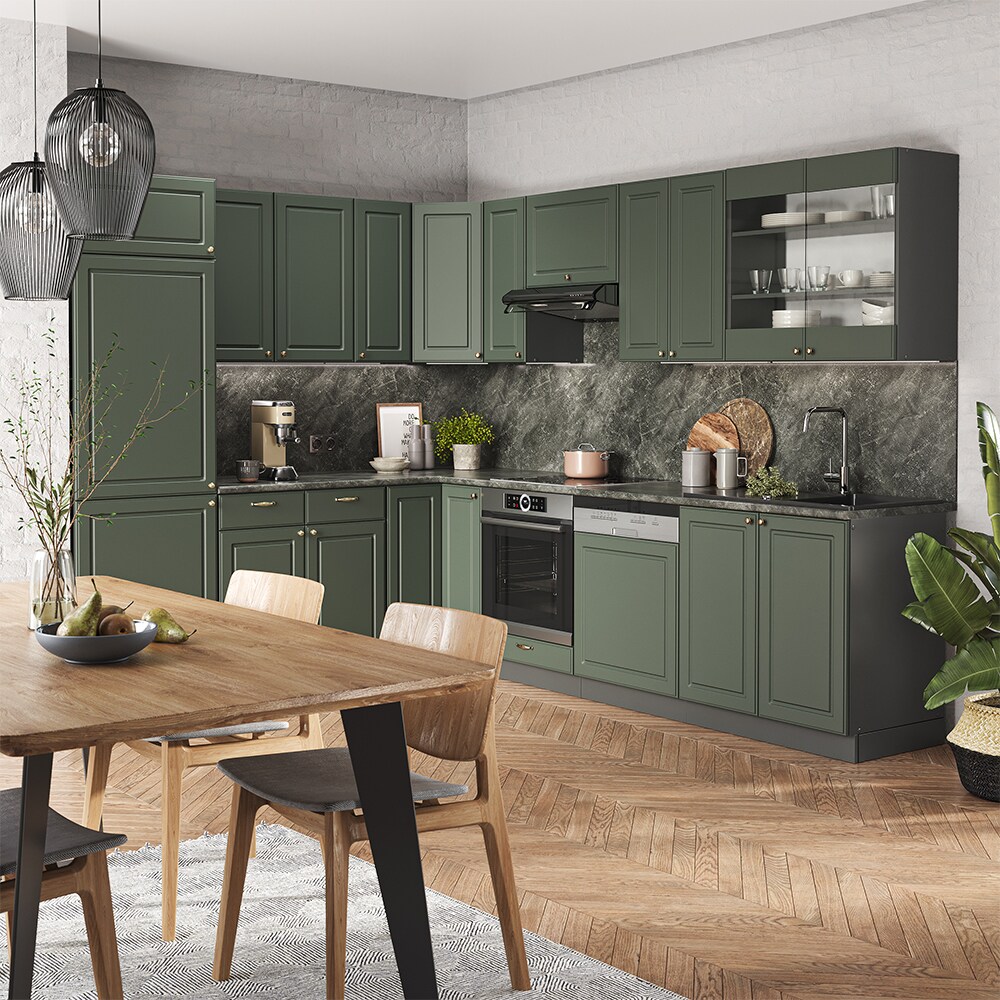 Vicco Eckküche Küchenzeile Einbauküche Fame-Line Landhaus Anthrazit Grün Gold227x287 cm Spülenunterschrank Schubunterschrank Eckunterschrank Herdumbauschrank Hängeschrank Kühlumbauschrank